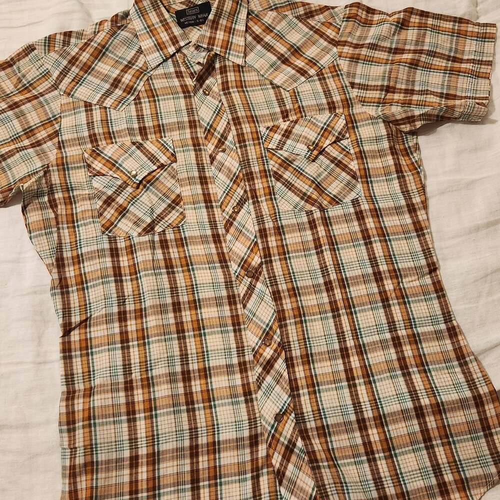 Sears Western Wear, Plaid Pearl Snap Button Up, Vtg. Cowboy Shirt - Size Medium